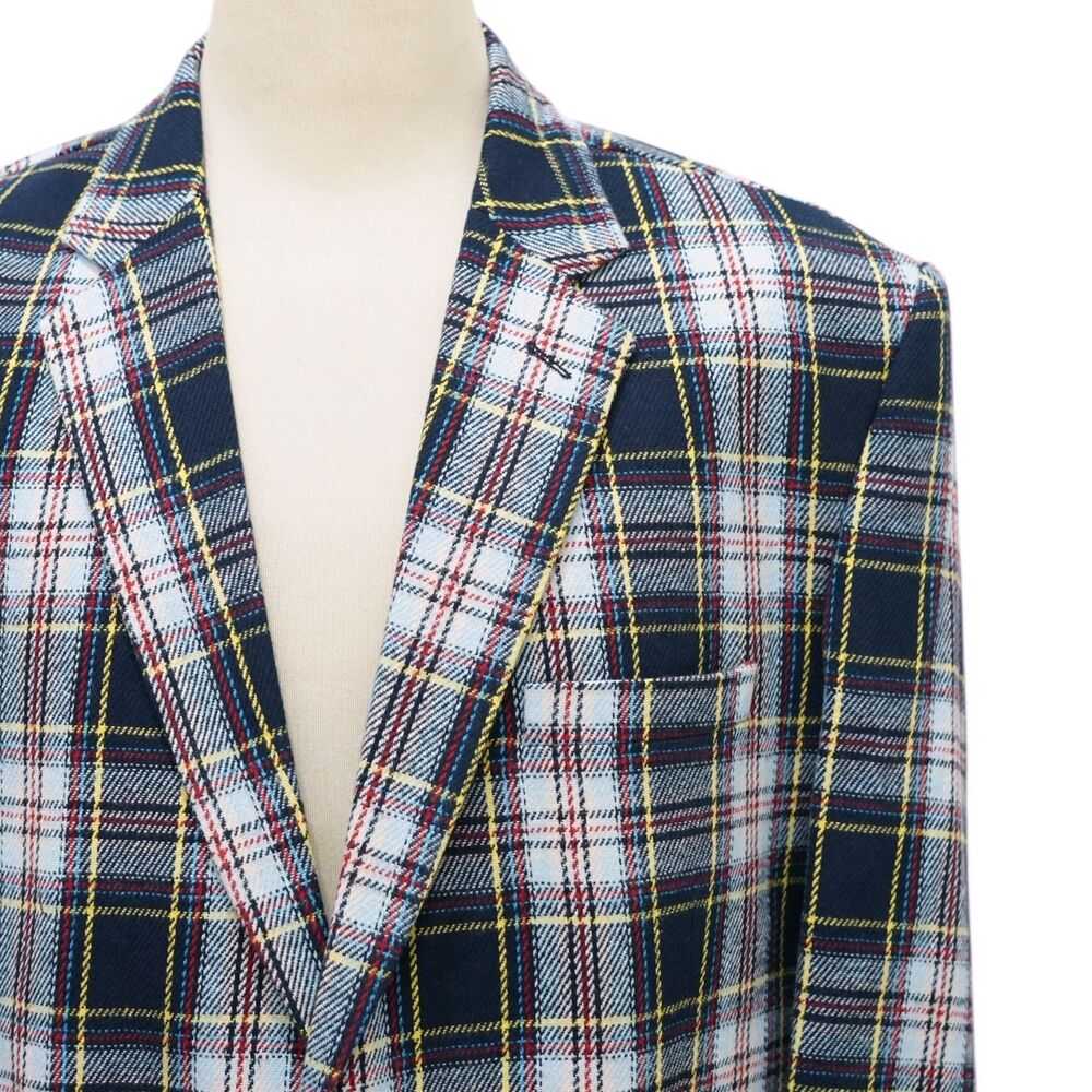 Mens 48R Tartan Plaid Blazer Sport Coat Navy White Red Cotton Formal Preppy - Picture 5 of 9